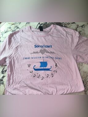 Gildan Pink Short Sleeve Tee with Blue Graphic